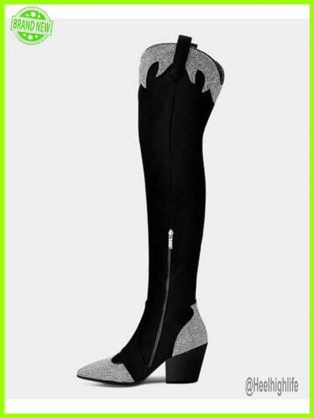 Faux Suede Cowgirl Boots - Rhinestone Thigh High Over The Knee Chunky Heel